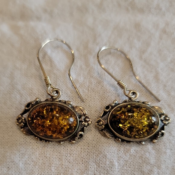Jewelry - Green Amber Silver Sterling Dangle Earrings